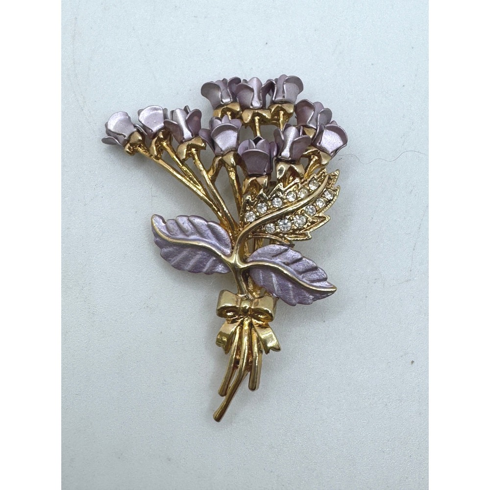 Vintage Lavender Enamel Rose Bouquet Brooch Gold Tone Rhinestone Flower Pin